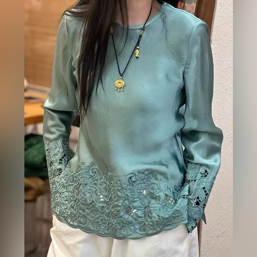 Elegant Women’s Satin Top with Floral Cutwork